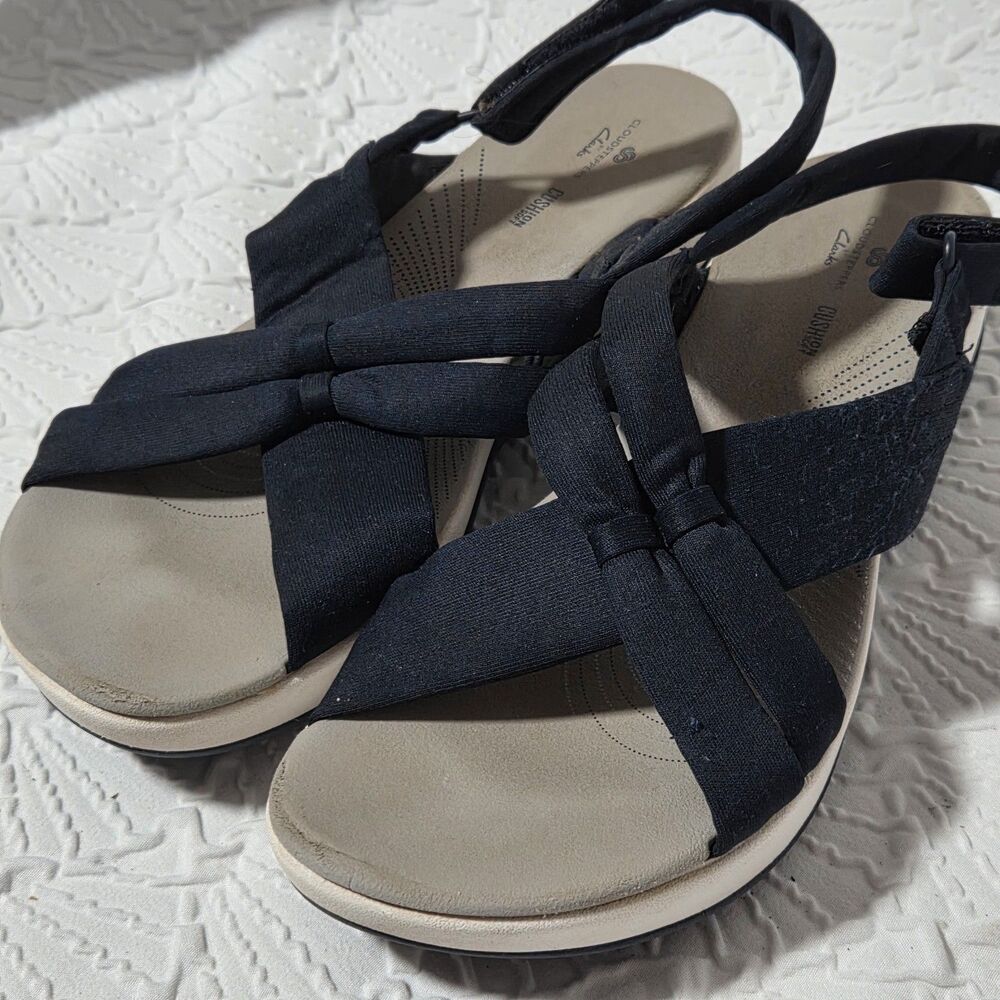 Clarks Cloudsteppers Arla Belle Black Soft Wedge Sandals Athleisure Wmns Sz 9.5